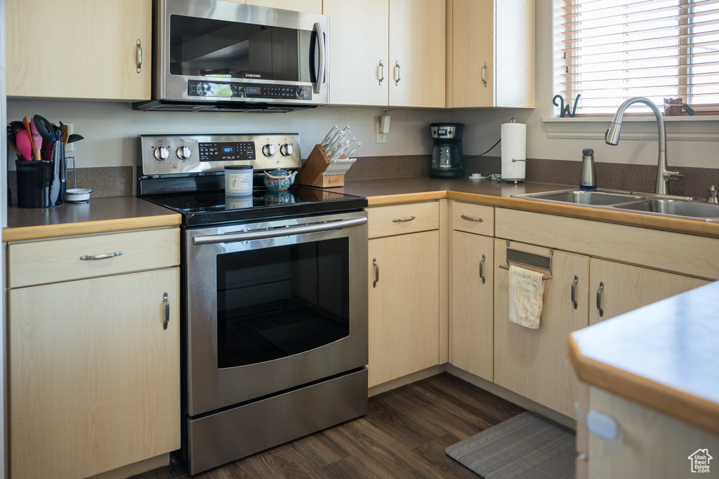 Kitchen featuring appliances with stainless steel finishes, a sink, dark wood-style flooring, and light brown cabinetry