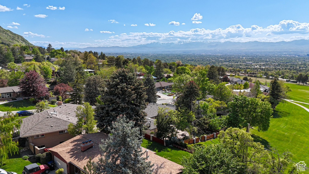 Aerial perspective of suburban area with a mountain backdrop