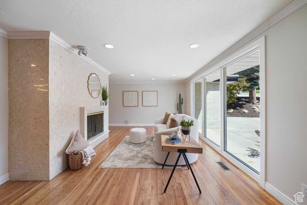 Living area featuring wood finished floors, a fireplace, crown molding, baseboards, and recessed lighting