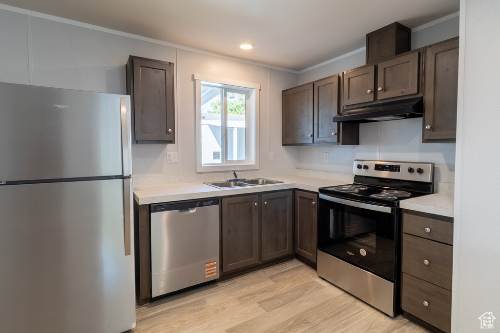 Kitchen with stainless steel appliances, under cabinet range hood, a sink, ornamental molding, and dark brown cabinetry