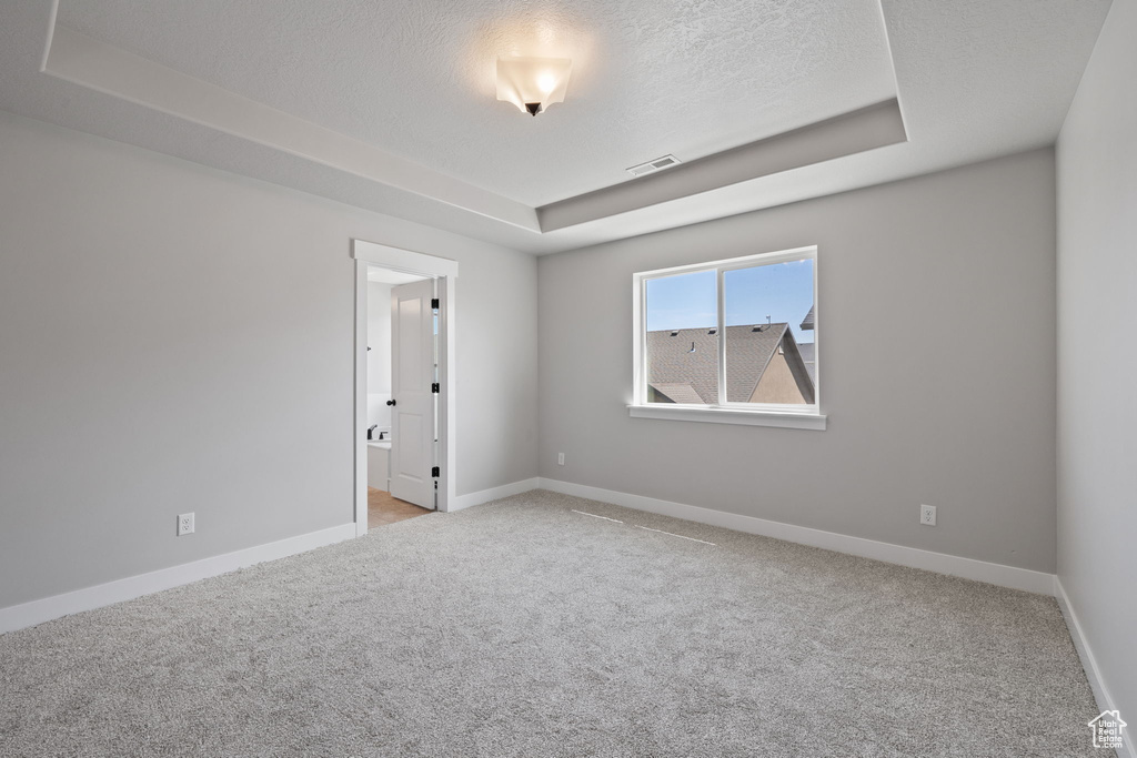 Unfurnished room featuring light colored carpet, a raised ceiling, baseboards, and a textured ceiling