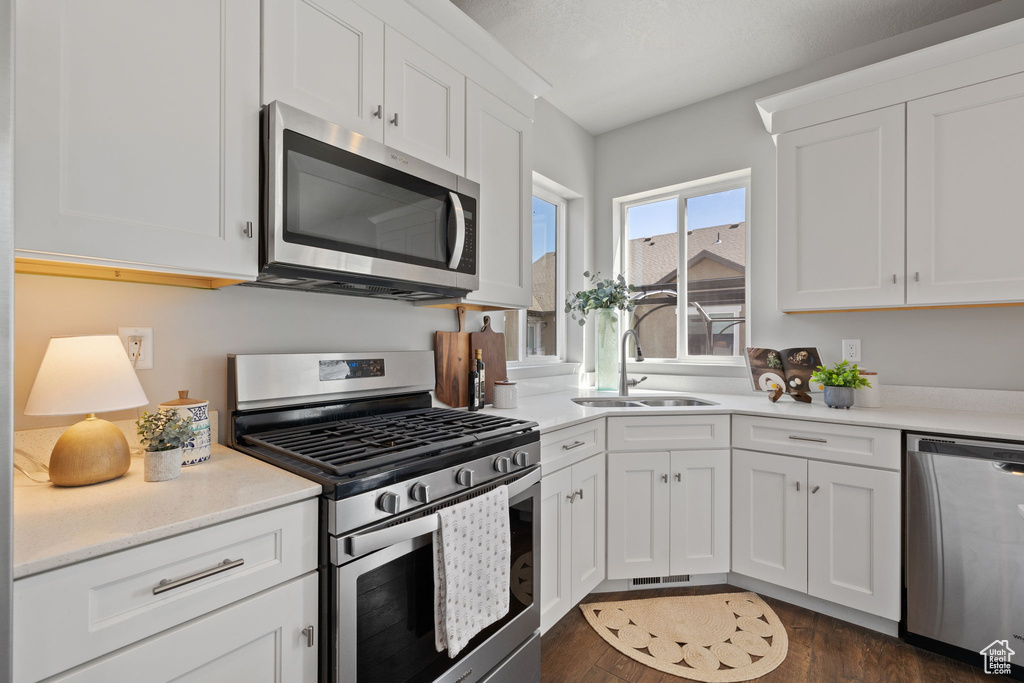 Kitchen with appliances with stainless steel finishes, a sink, dark wood-style floors, and white cabinetry