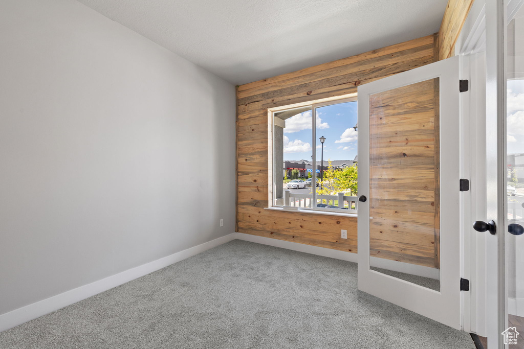Carpeted spare room featuring wooden walls and baseboards