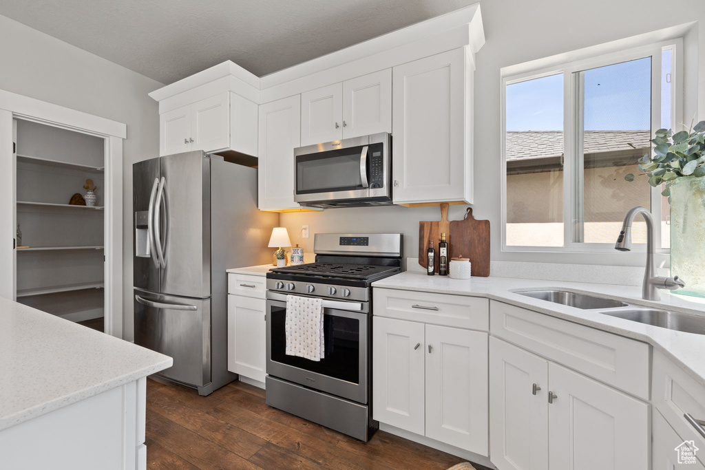 Kitchen with stainless steel appliances, a sink, dark wood-type flooring, and white cabinets