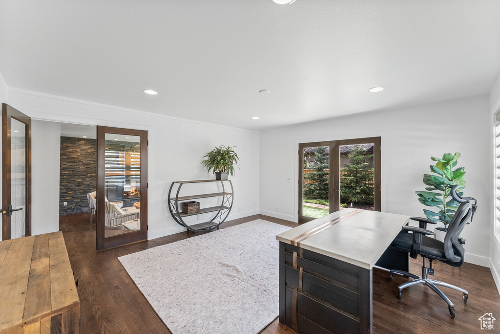 Office area featuring dark wood-style flooring, french doors, recessed lighting, and baseboards