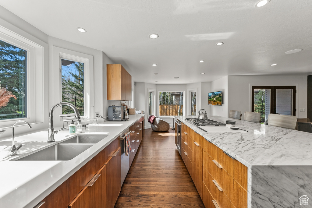 Kitchen featuring a sink, dark wood-style floors, modern cabinets, recessed lighting, and light stone counters