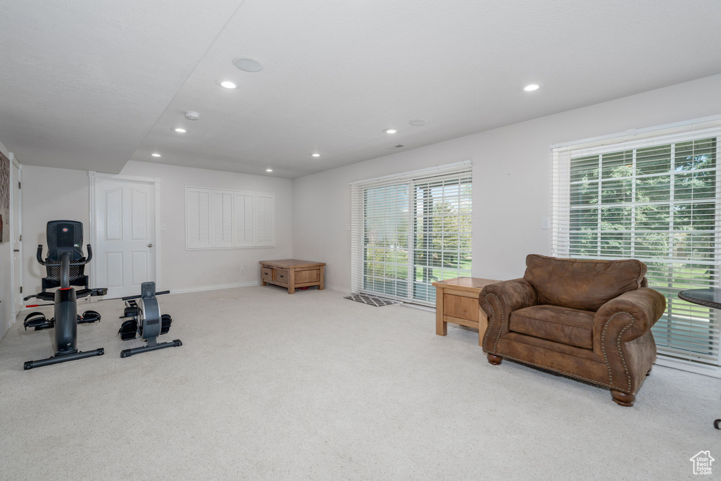 Workout room with carpet, recessed lighting, and baseboards