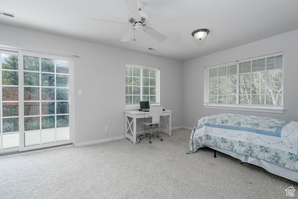 Carpeted bedroom with multiple windows, a desk, access to outside, and baseboards