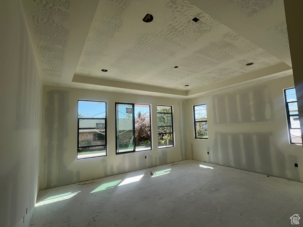 Empty room featuring a tray ceiling and a wealth of natural light