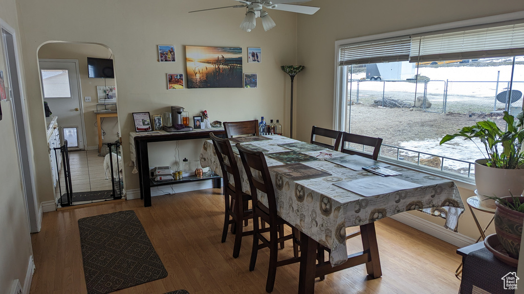 Dining area featuring ceiling fan, wood finished floors, healthy amount of natural light, and arched walkways