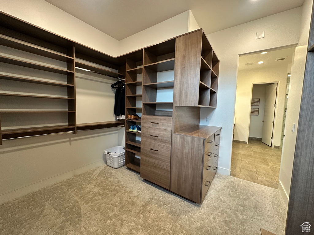 Spacious closet with light carpet