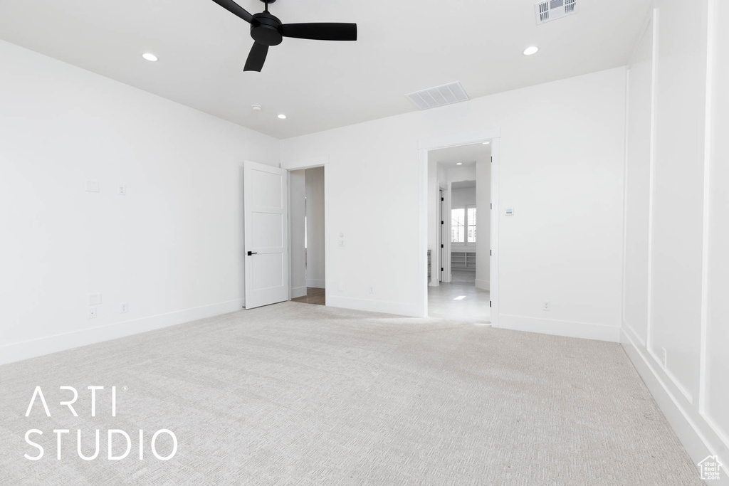 Unfurnished bedroom with carpet flooring, recessed lighting, baseboards, and a ceiling fan
