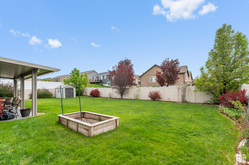 View of yard with a shed, an outdoor structure, and a residential view