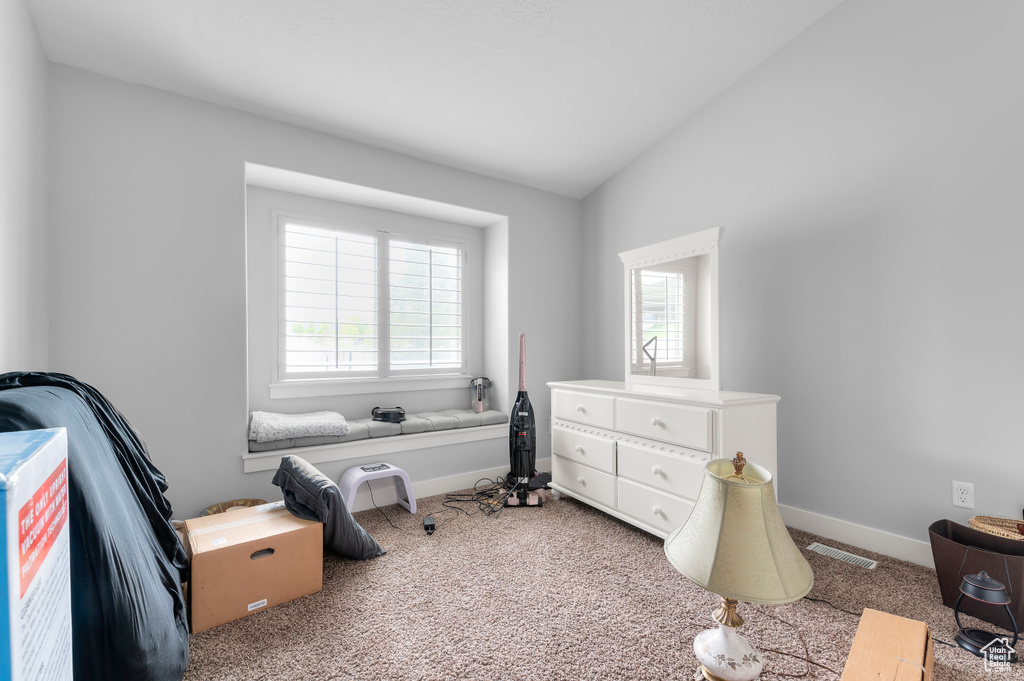 Carpeted bedroom featuring multiple windows, lofted ceiling, and baseboards