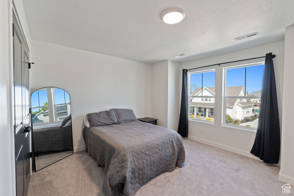 Bedroom featuring multiple windows, light carpet, a textured ceiling, and baseboards