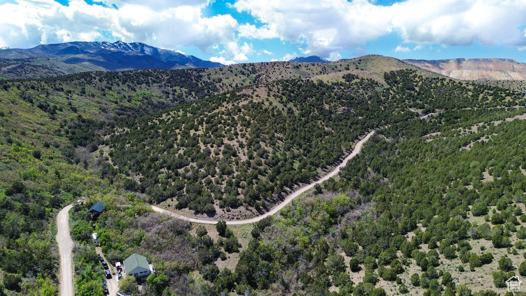 Drone / aerial view of mountains and a heavily wooded area