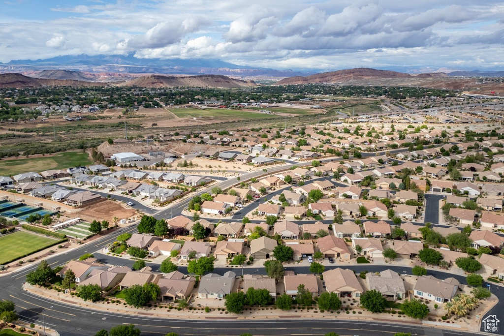 Aerial perspective of suburban area featuring mountains