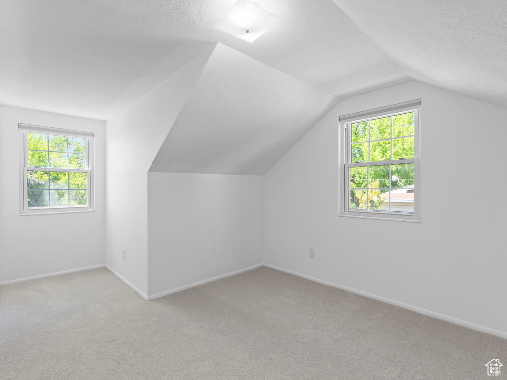 Bonus room featuring light carpet, vaulted ceiling, baseboards, and a textured ceiling