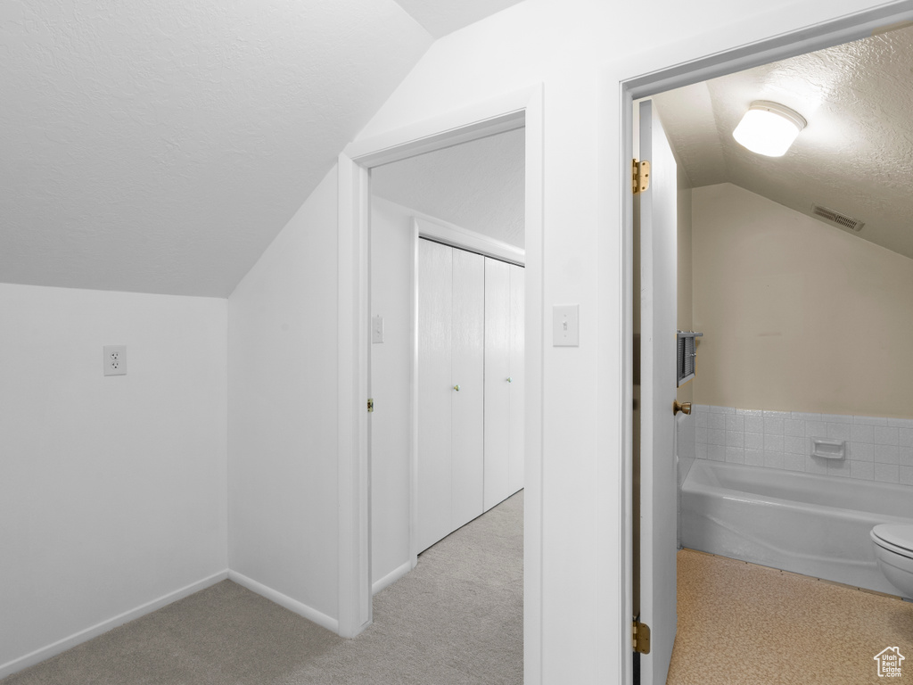 Additional living space with vaulted ceiling, a textured ceiling, carpet, and baseboards