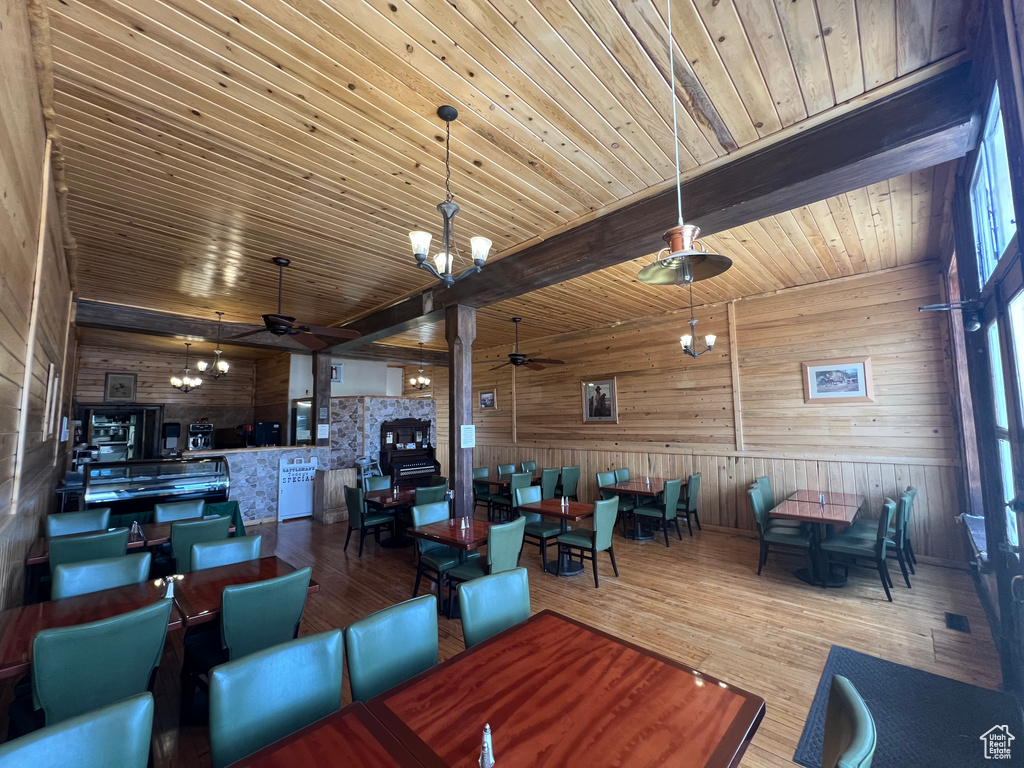 Dining area with wood walls, beam ceiling, wood ceiling, and ceiling fan with notable chandelier