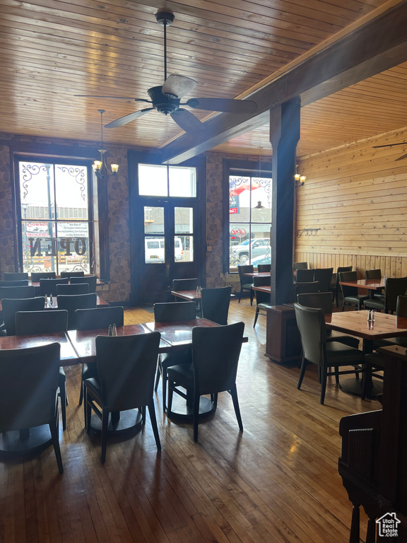 Dining space featuring wood ceiling, ceiling fan, and hardwood / wood-style flooring