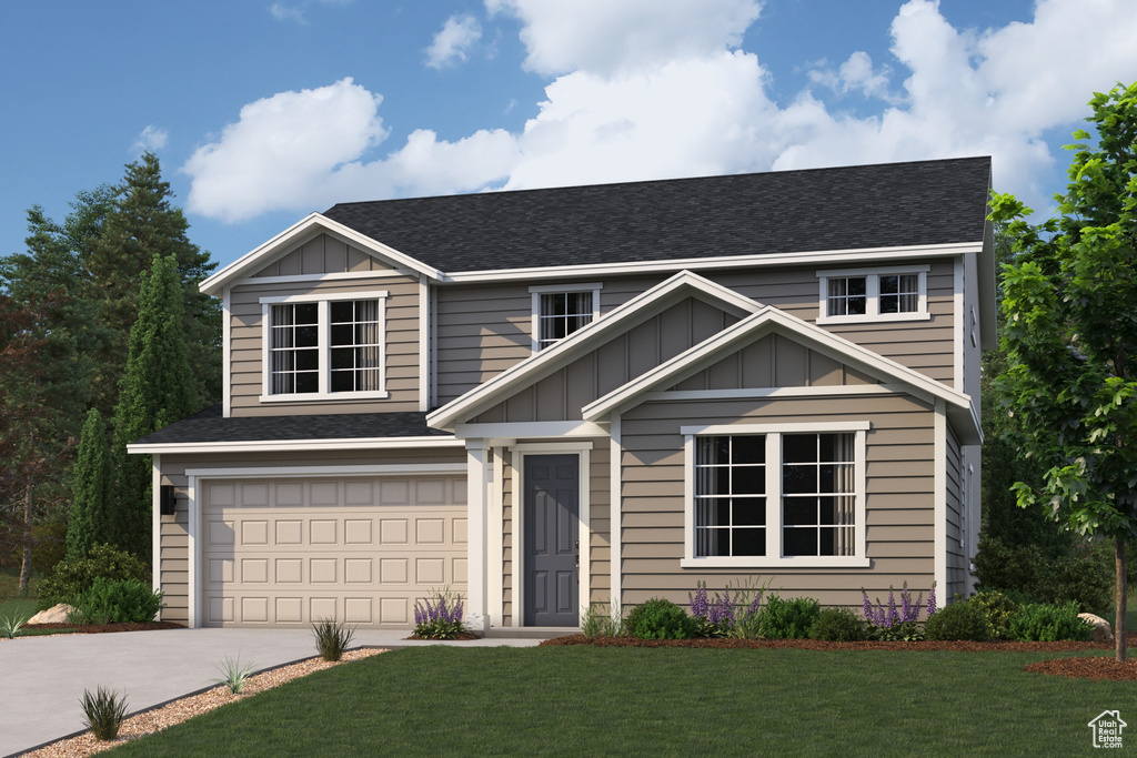 View of front of house featuring concrete driveway, a garage, board and batten siding, a front lawn, and roof with shingles