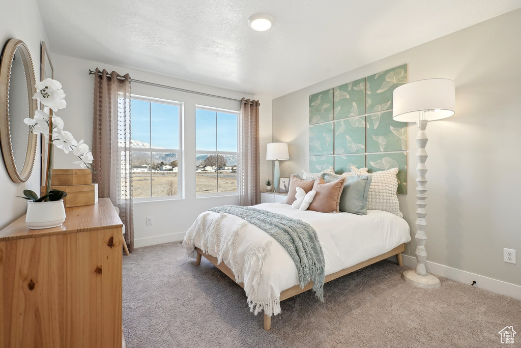 Bedroom with baseboards and light carpet