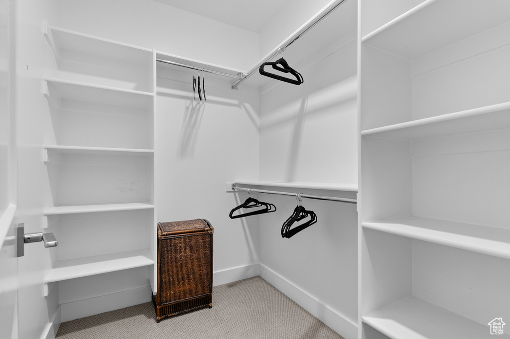 Walk in closet featuring light colored carpet
