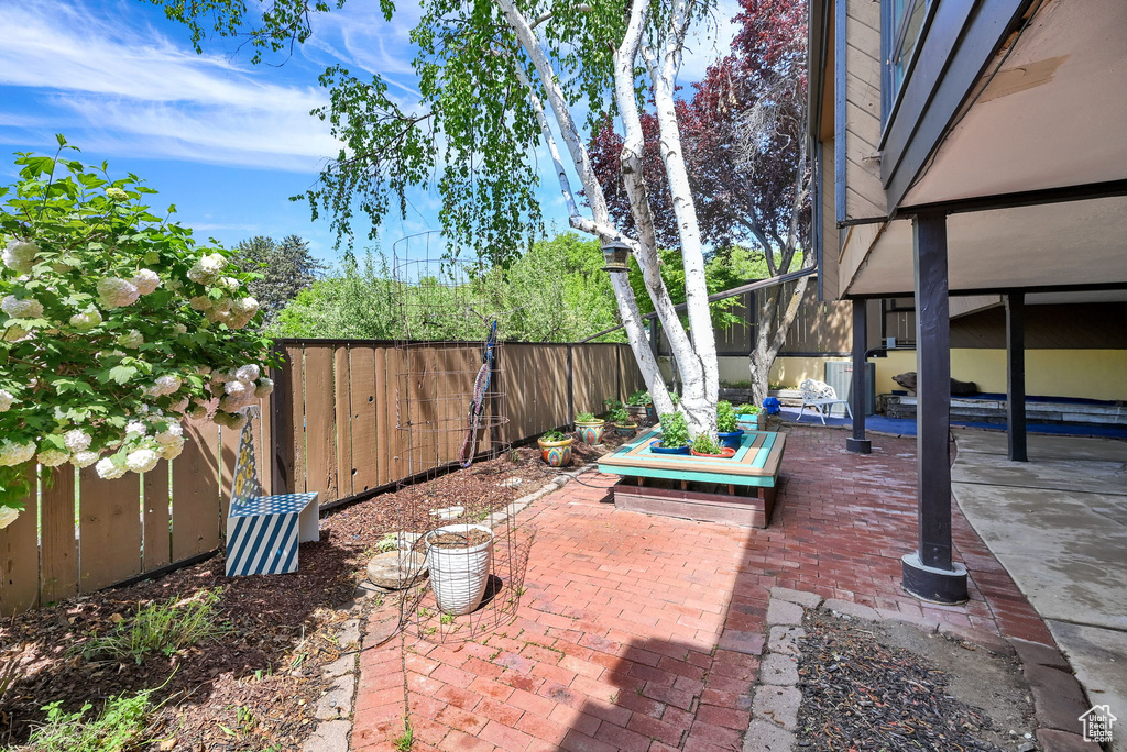 View of patio with a fenced backyard
