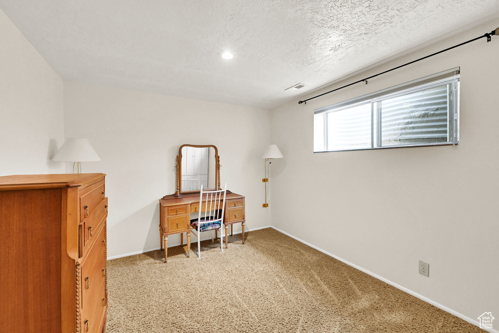 Office space featuring baseboards, carpet, a textured ceiling, and recessed lighting