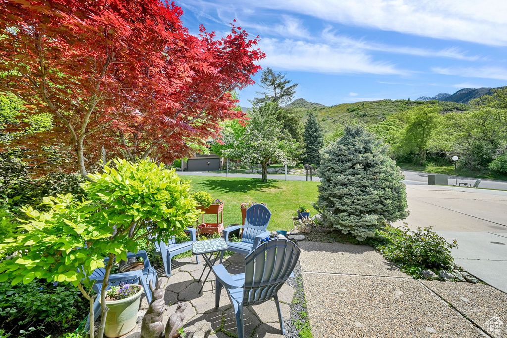 View of patio featuring a mountain view