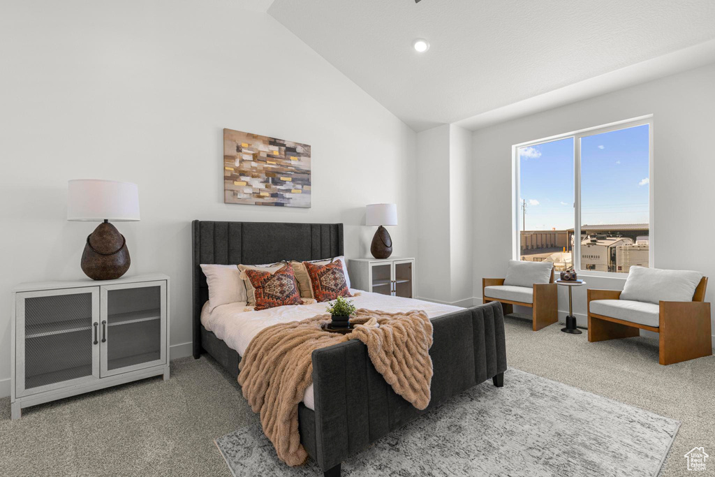 Bedroom featuring carpet floors, high vaulted ceiling, and recessed lighting