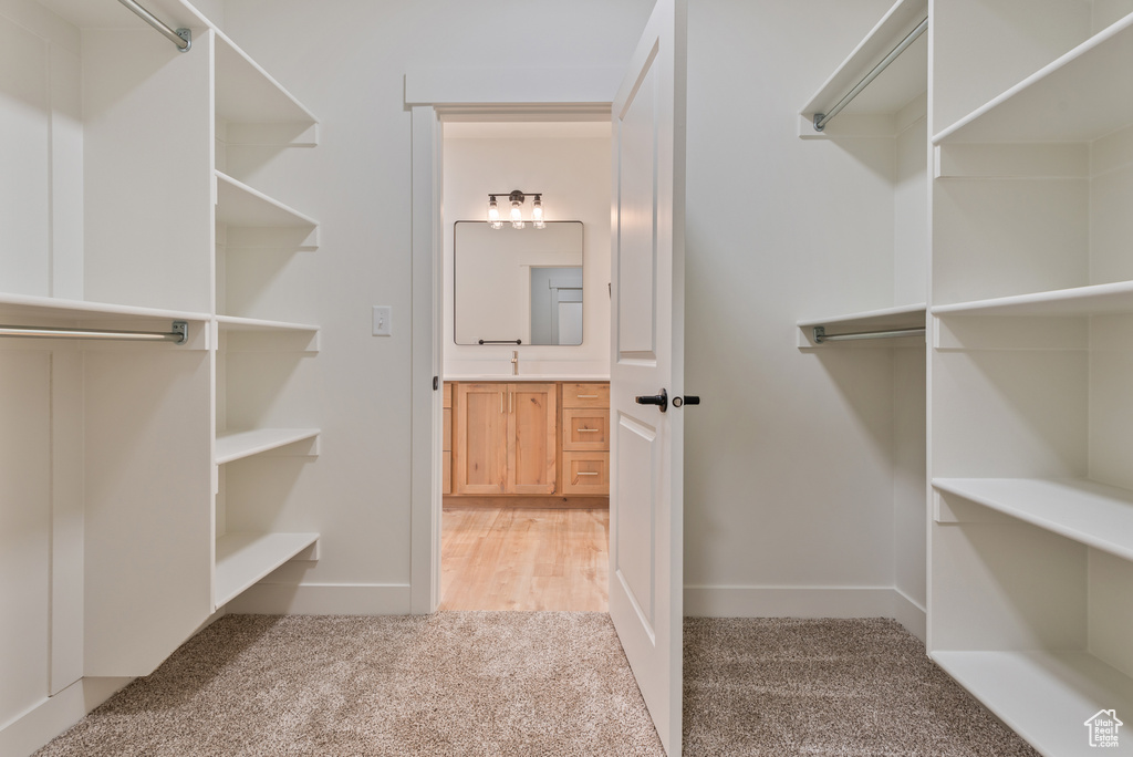 Spacious closet with light colored carpet