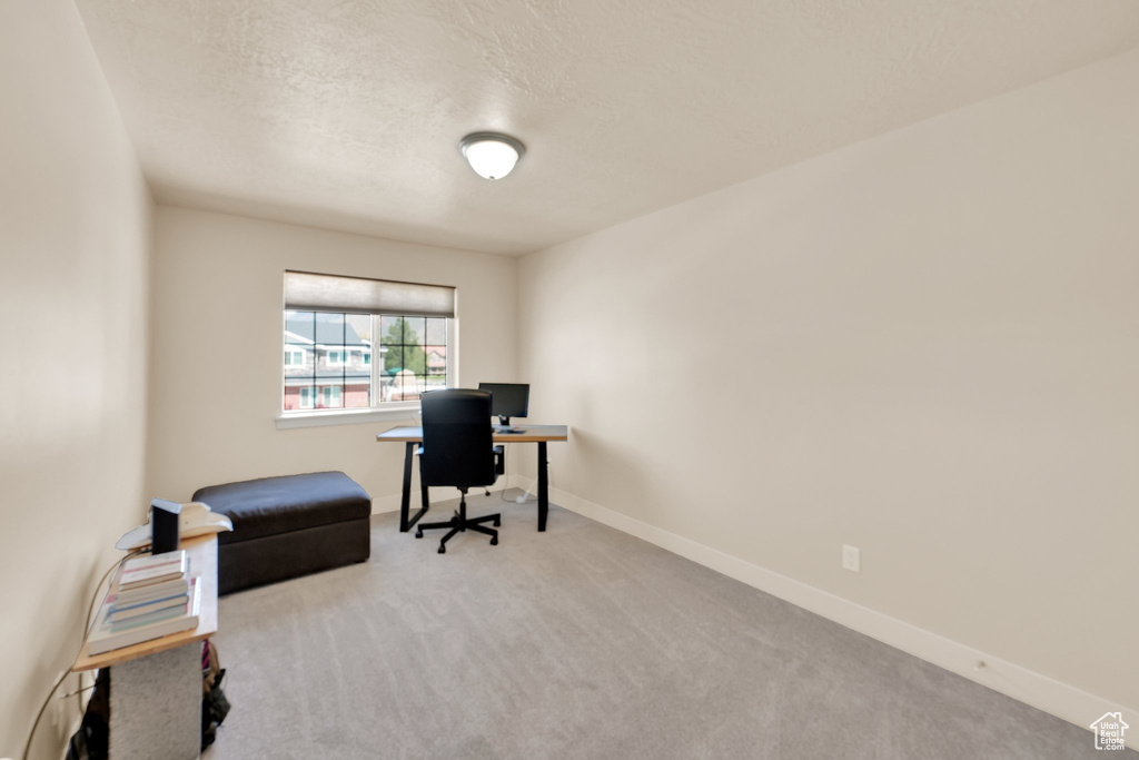Carpeted office featuring baseboards and a textured ceiling