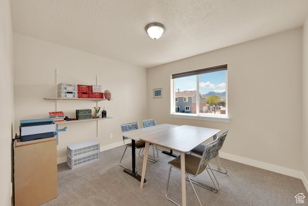 Dining area featuring carpet flooring, baseboards, and a textured ceiling