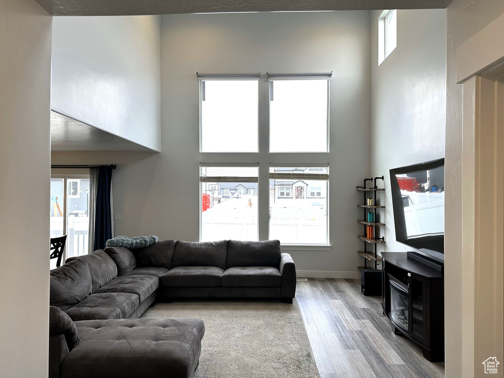 Living area featuring wood finished floors, healthy amount of natural light, a high ceiling, and baseboards