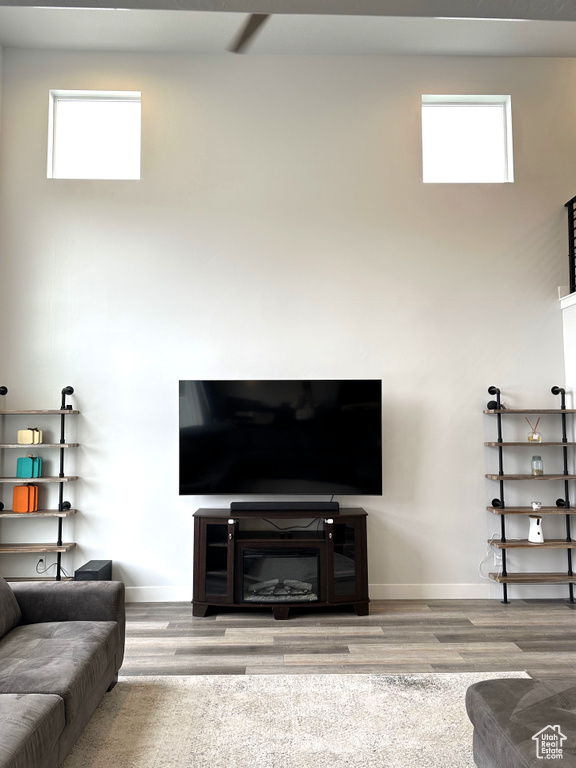 Living area featuring plenty of natural light, wood finished floors, and baseboards