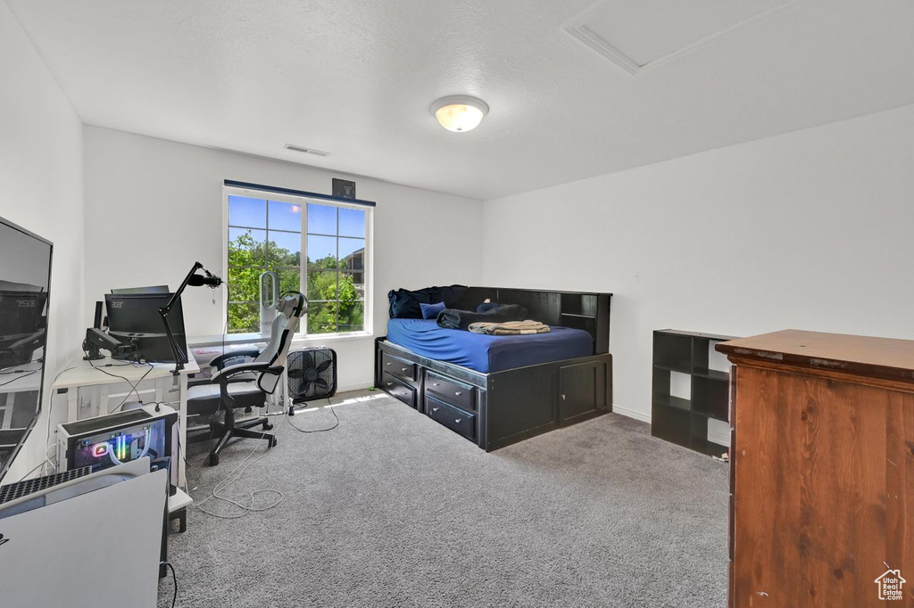 Carpeted bedroom with a desk