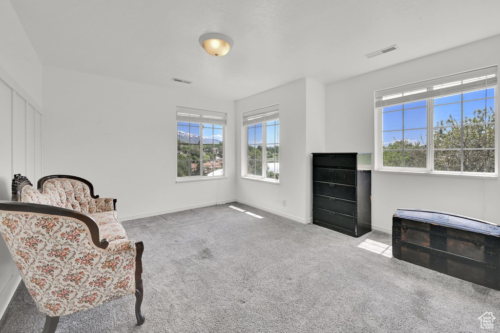 Living area featuring carpet flooring and baseboards