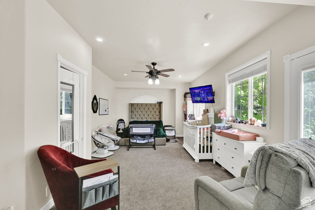 Living room with carpet flooring, recessed lighting, ceiling fan, and baseboards