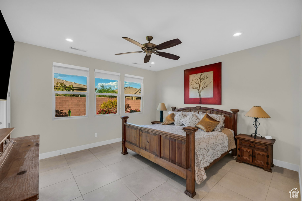 Bedroom with baseboards, recessed lighting, ceiling fan, and light tile patterned floors