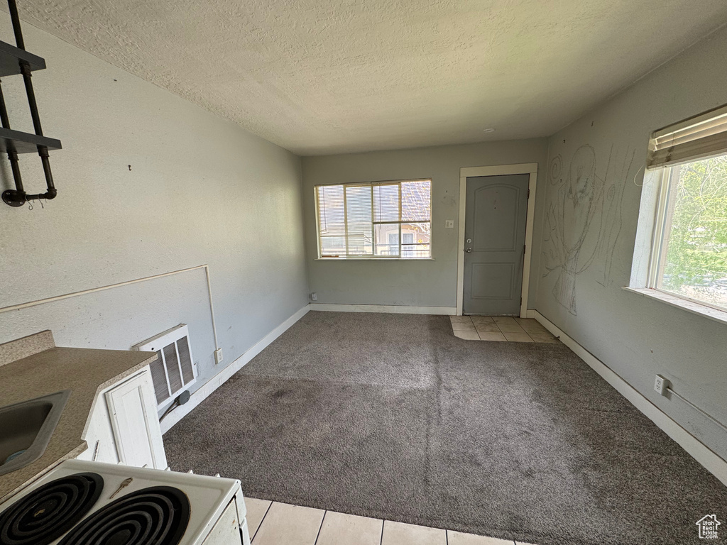 Unfurnished dining area featuring a textured ceiling, carpet floors, baseboards, and tile patterned floors