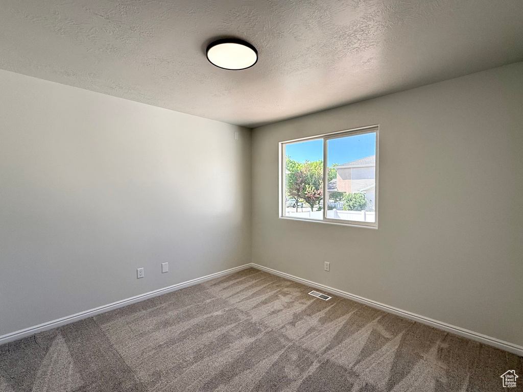 Spare room with carpet flooring, baseboards, and a textured ceiling