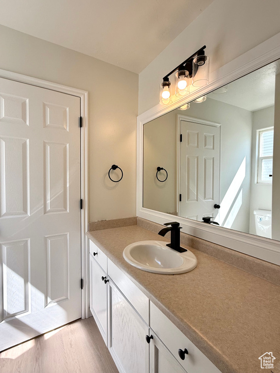 Bathroom with vanity, wood finished floors, and toilet