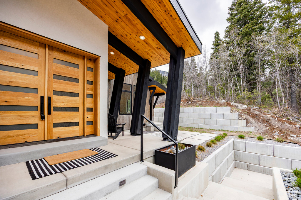 View of patio with covered porch