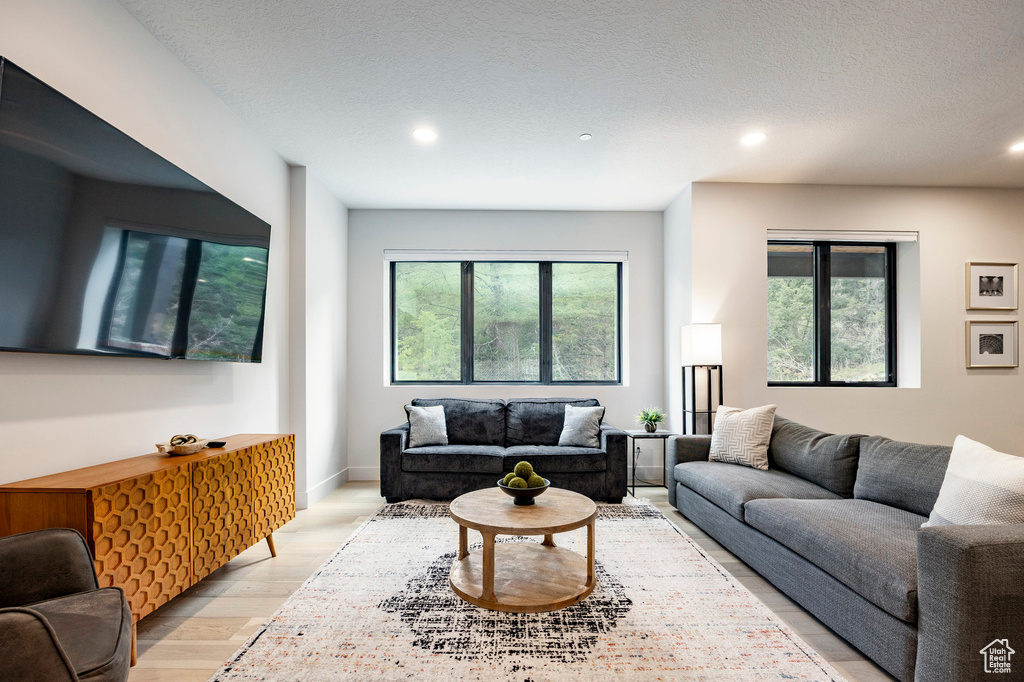 Living room featuring light wood-style floors and recessed lighting