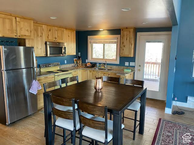 Kitchen featuring appliances with stainless steel finishes, light brown cabinetry, light wood finished floors, recessed lighting, and a sink