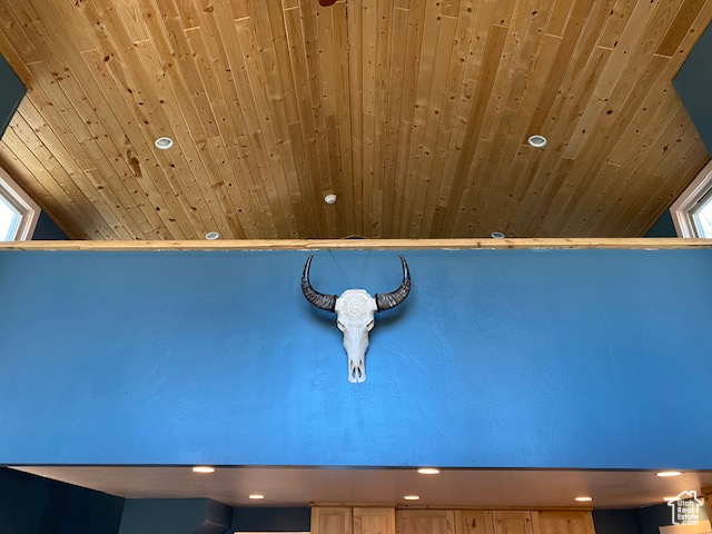 Detailed view of wooden ceiling and recessed lighting