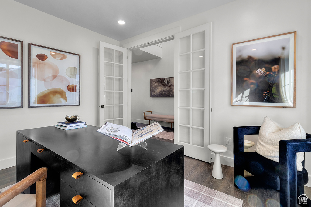 Office space with dark wood-type flooring, french doors, and recessed lighting