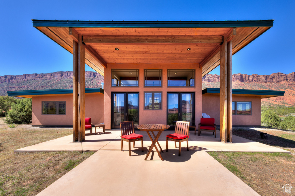 View of patio featuring a mountain view
